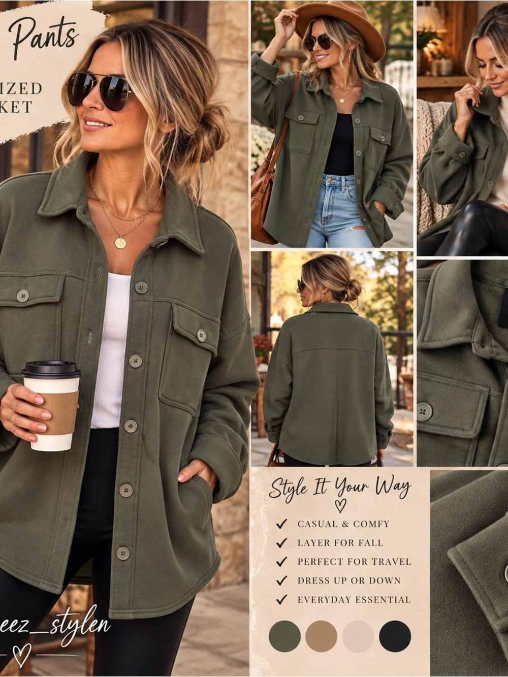 Olive Green Teddy Shacket Jacket for Women